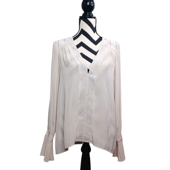 Ramy Brook Embroidered V-Neck Satin Long-Sleeve Blouse - Picture 1 of 14